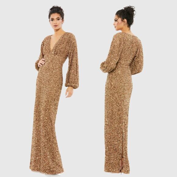 NWT Mac Duggal Brown Sequined Puff Sleeve V Neck Gown Size 14 - Picture 1 of 11